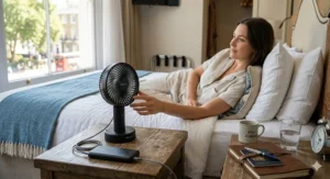 A photorealistic 4K illustration of a black travel USB fan on a rustic wooden nightstand in a hotel room, with a woman reaching to adjust the fan near a blue British passport.