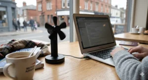 A photorealistic 4K illustration of a black travel USB fan plugged into the USB port of a silver laptop on a cafe table next to a British Airways mug and a travel guidebook.