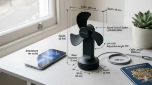 A photorealistic 4K technical illustration of a black small USB fan for travel with overlaid dimension lines in millimetres (mm) and a smartphone and British passport for scale.