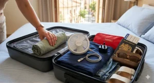 A photorealistic 4K illustration of an open hardshell suitcase on a hotel bed, showing a small white USB travel fan packed alongside a British passport and summer holiday clothes.