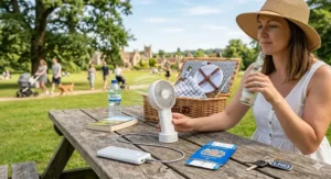A photorealistic 4K illustration of a small white USB travel fan on a weathered oak picnic table in a British park during a staycation, next to a blue British passport.