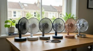 A row of USB fans in various colours including space grey, white, and navy blue.