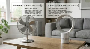 A side-by-side technical comparison between a traditional bladed cooling fan and a modern bladeless air multiplier for safety and cleaning.