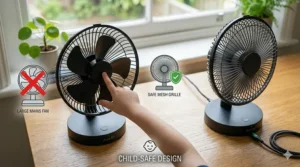 Close-up illustration of a USB fan with a protective mesh grill for child safety.