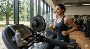 A ProBreeze USB clip on fan mounted to a Technogym treadmill in a modern UK leisure centre to provide high-speed cooling during a workout.