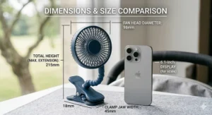 A compact battery fan for a pram shown next to a smartphone for size comparison.