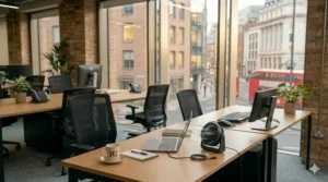 A space-saving USB desk fan for office workstations, with iconic red London buses visible through the window in the background.