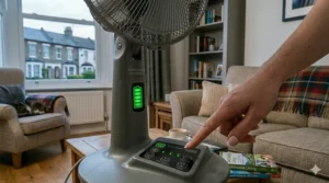 A finger pressing the control panel of a rechargeable fan to toggle between low, medium, and high speed modes.