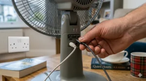 A hand plugging a braided USB-C cable and a DC mains lead into the charging ports of a portable fan.