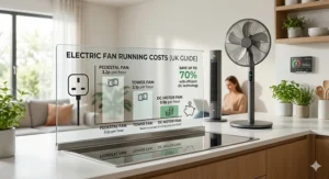 An energy efficiency infographic showing the hourly running costs in pence for pedestal, tower, and DC motor fans based on UK energy prices.