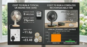 An infographic comparing the running costs of a 50W mains fan versus a rechargeable fan, featuring British pence and pound sterling.