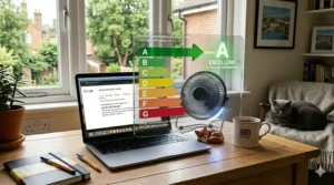 Illustration showing the low power consumption and energy efficiency of a USB fan with LED light.
