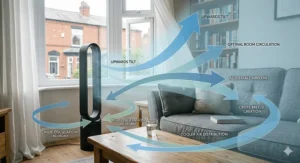 A visual diagram showing the wide oscillation and upwards tilt functions of a fan to improve air circulation in a British lounge.