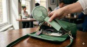 A person placing a mint green rechargeable fan into a green leather handbag featuring a Union Jack keyring.