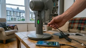 A woman's hands placing a collapsed, space-saving rechargeable fan onto a shelf in a modern British kitchen cupboard.
