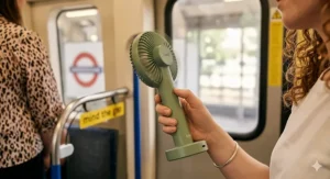 A commuter holding a battery powered hand fan on a London Underground train near a 'mind the gap' sign.
