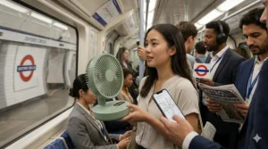 A commuter using a portable battery operated fan for relief on a crowded London Underground train at Oxford Circus station.