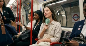 A passenger using a compact rechargeable fan to stay cool while travelling on a busy London Underground carriage.
