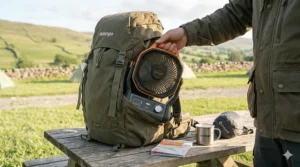 A photorealistic 4K image showing the Explore battery powered camping fan being tucked into the rugged olive-green canvas side pocket of a Vango hiking backpack on a weathered wooden picnic table.