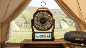 A photorealistic 4K image showing the Explore battery powered camping fan on a wooden crate, with an integrated digital display illustrating its long-life battery runtime with a 24-hour chart.