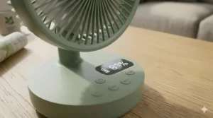 Close-up of a battery operated fan's base showing the digital LED percentage display and speed control buttons.