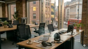 High-detail 4K image of a modern USB desk fan for office use, plugged into a laptop via a hub on a contemporary British workstation.