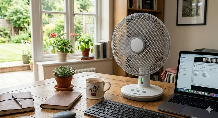 A sleek, white portable battery desk fan sitting on a wooden workstation in a British home office next to a laptop and a mug of tea with a garden view in the background. battery desk fan