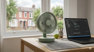 A compact battery operated fan sitting on a felt desk mat next to a laptop in a sunlit home office with a view of London-style terraced houses.