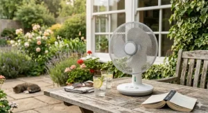 A portable cordless fan used outdoors on a weathered wooden patio table in a British garden, next to iced drinks and an open book on a summer day.