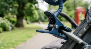Close-up of a sturdy spring clip attaching a portable battery fan to a lightweight buggy frame.