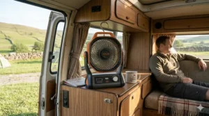 A photorealistic 4K image showing the Explore battery powered camping fan used for ventilation inside a classic VW campervan parked at a scenic UK campsite.