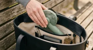 A matte sage green battery powered hand fan being placed into a black leather tote bag next to a Union Jack keychain.