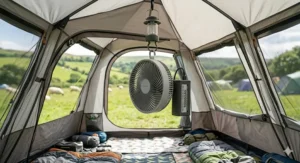A compact rechargeable camping fan hanging inside a tent at a UK campsite, with rolling countryside visible through the mesh.