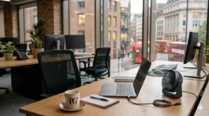 A sleek, portable USB desk fan for office desks, positioned next to a laptop and a steaming mug of tea in a city workplace.
