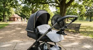 A portable black USB clip on fan with a safety grille secured to a charcoal-grey baby pram handle in a sun-drenched British park.