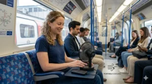 A compact, handheld USB fan being used by a commuter on a London Underground train.