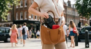 A photorealistic illustration in natural daylight showing a person tucking a small, matte black portable USB fan into a tan leather handbag while walking on a busy British street.