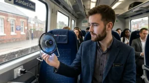 A passenger using a compact LED USB fan while travelling on a UK commuter train.