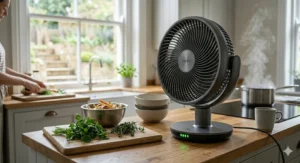 A powerful cordless fan placed on an oak kitchen worktop to circulate air while cooking during a warm afternoon.