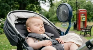 A quiet-running battery fan keeping a sleeping baby cool in a pram during a UK heatwave.