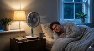 A compact, quiet rechargeable fan on a bedside table in a UK bedroom, ideal for keeping cool during humid nights.