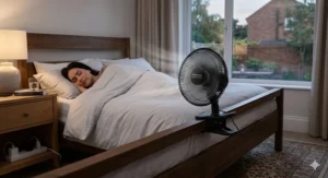 A quiet black USB clip on fan attached to a wooden bed frame, providing a cool breeze for better sleep in a British bedroom during a summer evening.