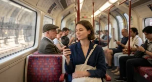 A photorealistic 4K illustration of a male commuter on a busy London Underground tube carriage during a warm commute, holding a small USB fan connected to a power bank.