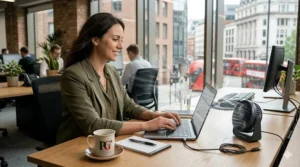 Close-up of a high-performance USB desk fan for office use, featuring a quiet motor for distraction-free work in the UK.