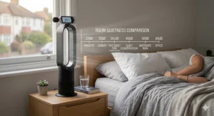 A decibel scale infographic in a bedroom setting comparing the noise levels of a quiet electric fan to a library and a whisper for better sleep.
