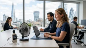 Illustration of a silent USB fan being used in a quiet British open-plan office.