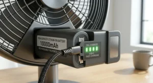 A photorealistic close-up capturing a high-capacity 10000mAh lithium-ion battery and USB-C fast charging interface with green LED indicators.