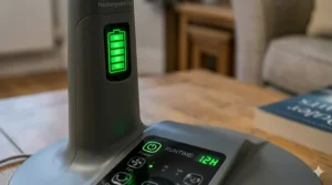 Close-up of a digital display on a rechargeable fan showing a full battery icon and a 12-hour runtime indicator.