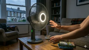 A rechargeable fan with a bright built-in LED ring light illuminating a room during a nighttime power failure.