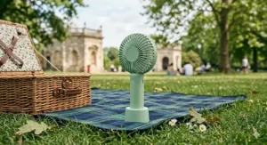 A rechargeable handheld fan standing on a tartan picnic blanket in a British park near a historic stone building.